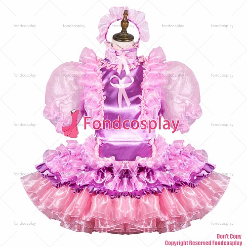 fondcosplay adult sexy cross dressing sissy maid short pink organza satin dress lockable Uniform apron CD/TV[G3799]