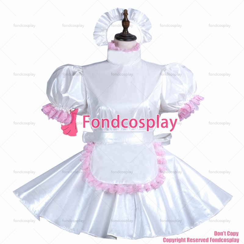 fondcosplay adult sexy cross dressing sissy maid short white thin pvc dress lockable Uniform apron costume CD/TV[G3744]
