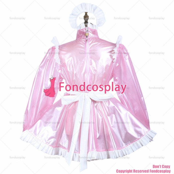 fondcosplay adult sexy cross dressing sissy maid short baby pink clear pvc dress lockable Uniform Heart apron CD/TV[G3717]