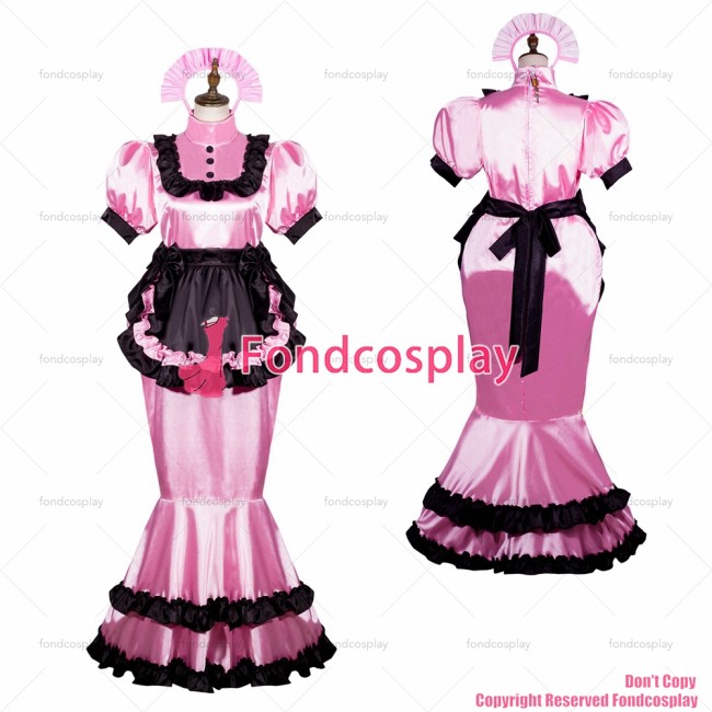 fondcosplay adult sexy cross dressing sissy maid long pink satin dress lockable Uniform black apron Fish tail CD/TV[G3761]