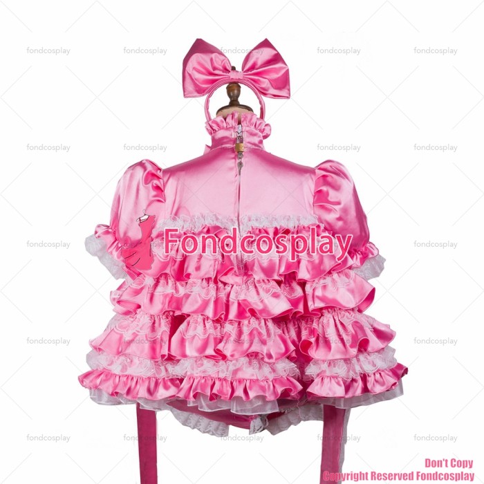 fondcosplay adult sexy cross dressing sissy maid short pink satin dress lockable Uniform Handcuffs CD/TV[G3760]