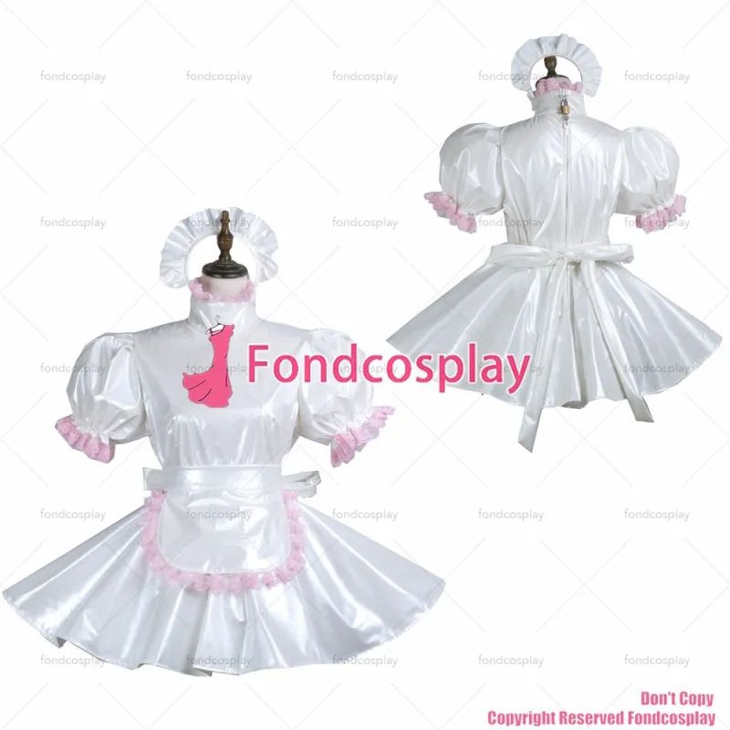 fondcosplay adult sexy cross dressing sissy maid short white thin pvc dress lockable Uniform apron costume CD/TV[G3744]