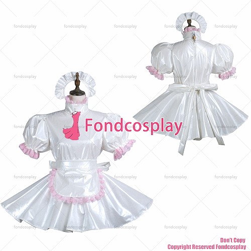 fondcosplay adult sexy cross dressing sissy maid short white thin pvc dress lockable Uniform apron costume CD/TV[G3744]