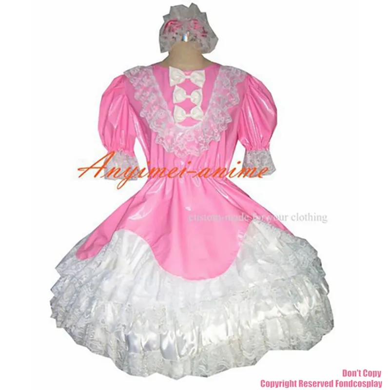 fondcosplay adult sexy cross dressing sissy maid short thin Pvc Dress Pink Lockable white lace Uniform Costume CD/TV[G356]