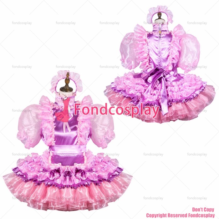 fondcosplay adult sexy cross dressing sissy maid short pink organza satin dress lockable Uniform apron CD/TV[G3799]