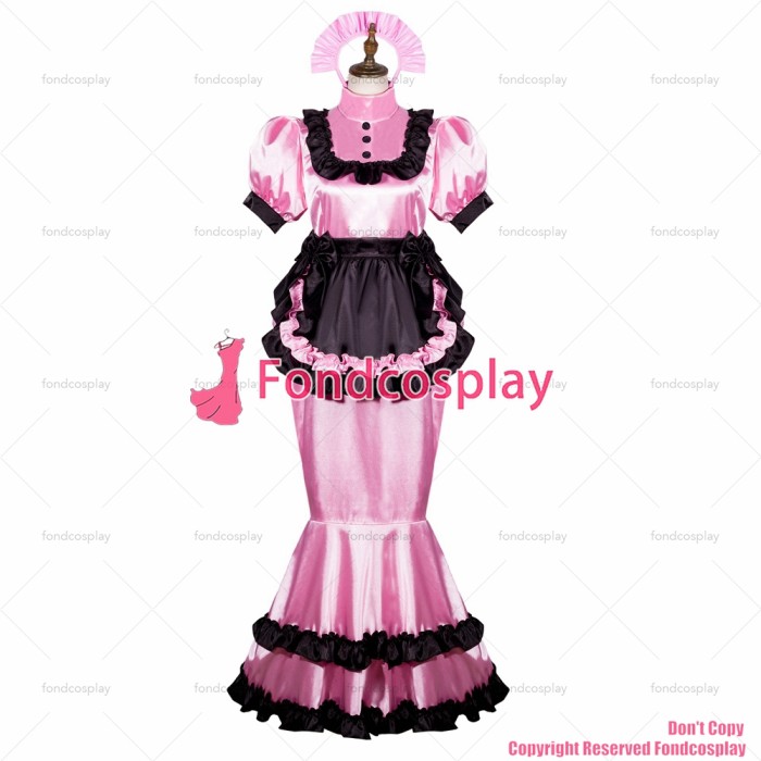 fondcosplay adult sexy cross dressing sissy maid long pink satin dress lockable Uniform black apron Fish tail CD/TV[G3761]