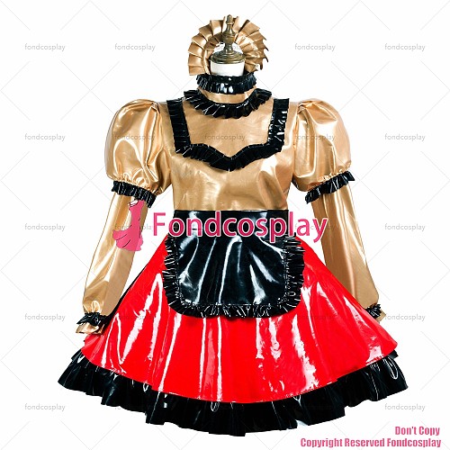 fondcosplay adult sexy cross dressing sissy maid gold red heavy pvc dress lockable Uniform apron costume CD/TV[G3737]