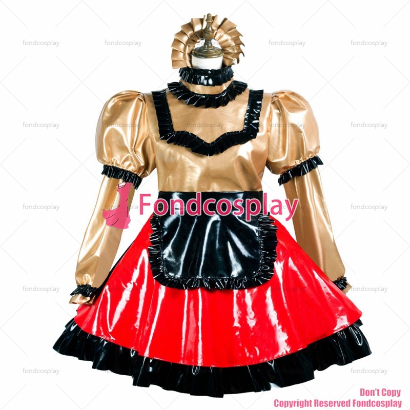 fondcosplay adult sexy cross dressing sissy maid gold red heavy pvc dress lockable Uniform apron costume CD/TV[G3737]