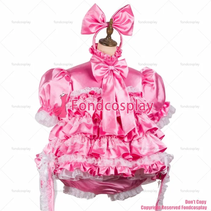 fondcosplay adult sexy cross dressing sissy maid short pink satin dress lockable Uniform Handcuffs CD/TV[G3760]