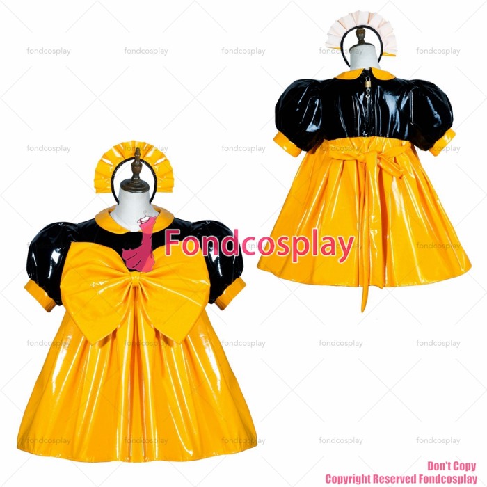 fondcosplay adult sexy cross dressing sissy maid black yellow heavy pvc dress lockable Uniform big Bowknot CD/TV[G3757]