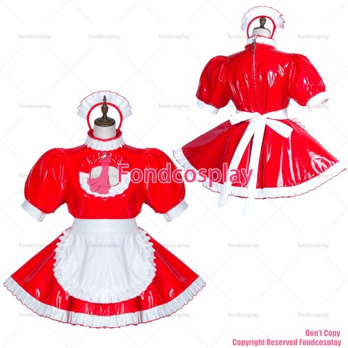 fondcosplay adult sexy cross dressing sissy maid short red heavy pvc dress lockable Uniform white apron CD/TV[G3756]