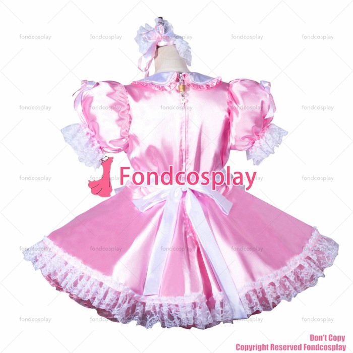fondcosplay adult sexy cross dressing sissy maid baby pink satin dress lockable white apron Peter Pan collar CD/TV[G3793]
