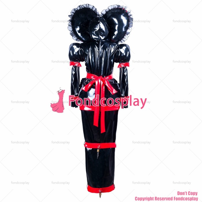 fondcosplay adult cross dressing sissy maid long black heavy pvc dress lockable Heart hood jumpsuits rompers CD/TV[G3741]