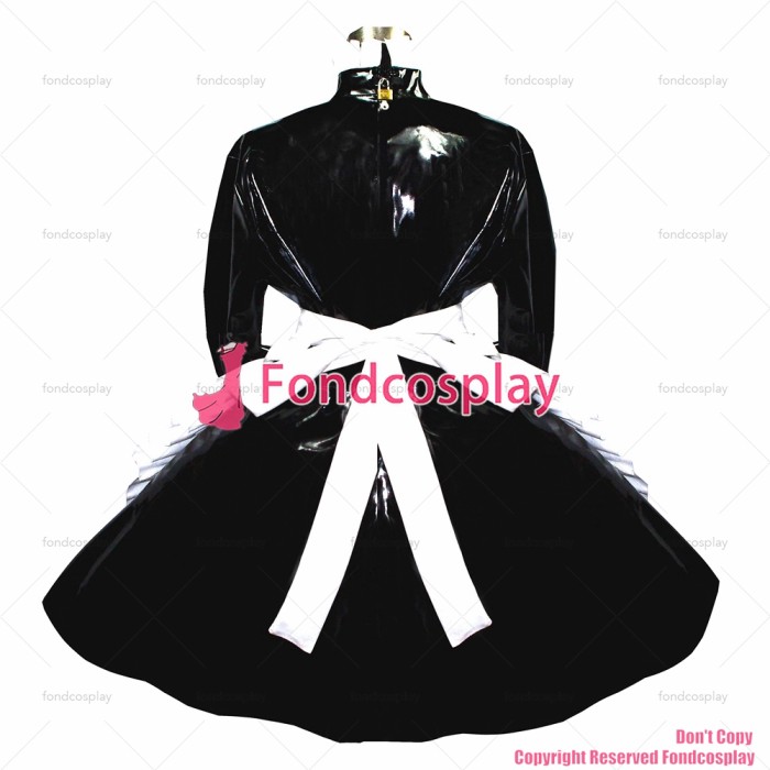 fondcosplay adult sexy cross dressing sissy maid short black heavy PVC dress lockable Uniform white apron CD/TV[G319]
