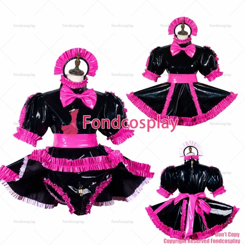 fondcosplay adult sexy cross dressing sissy maid black heavy pvc dress lockable panties jumpsuits rompers CD/TV[G3790]