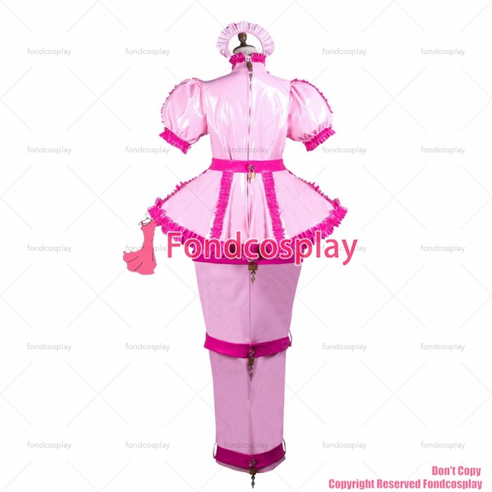 fondcosplay adult sexy cross dressing sissy maid long baby pink heavy pvc dress lockable Uniform costume CD/TV[G3740]