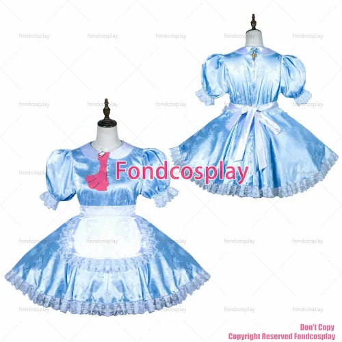 fondcosplay adult sexy cross dressing sissy maid short baby blue satin dress lockable Uniform white apron costume CD/TV[G3795]