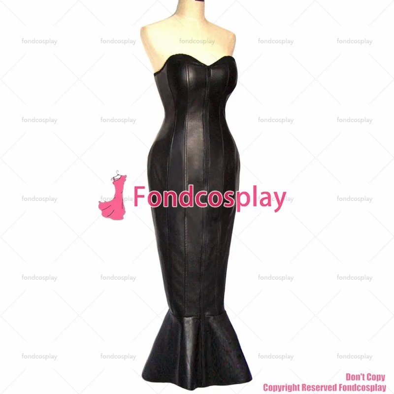 fondcosplay adult sexy cross dressing sissy maid long Black Faux Leather Lace Up Boned Fish tail Corset Party Dress[G337]
