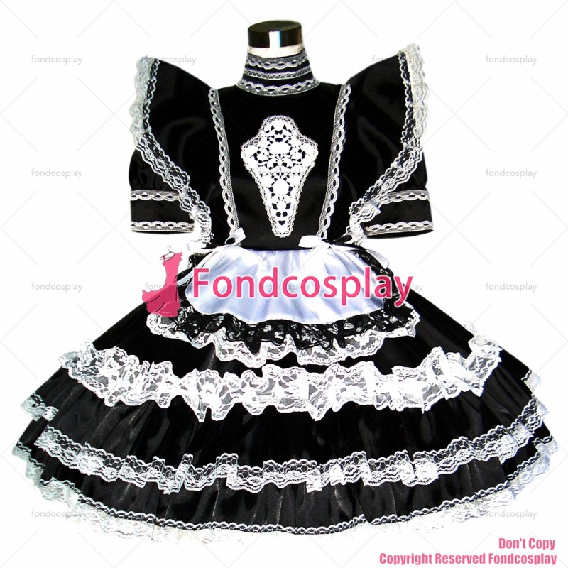 fondcosplay adult sexy cross dressing sissy maid short Sexy Satin Black Dress Lockable Uniform Cosplay Costume CD/TV[G357]