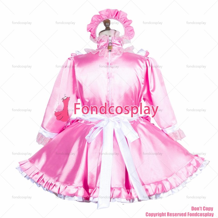 fondcosplay adult sexy cross dressing sissy maid baby pink satin dress lockable Uniform white apron costume CD/TV[G3753]