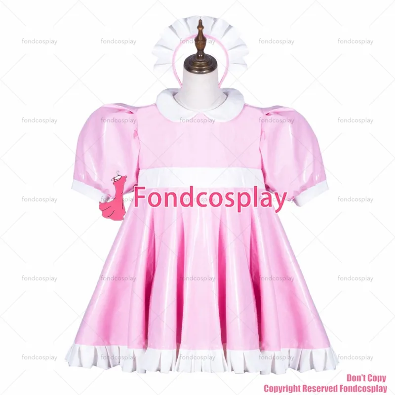 fondcosplay adult sexy cross dressing sissy maid baby pink heavy pvc dress lockable Uniform white big Bow CD/TV[G3763]