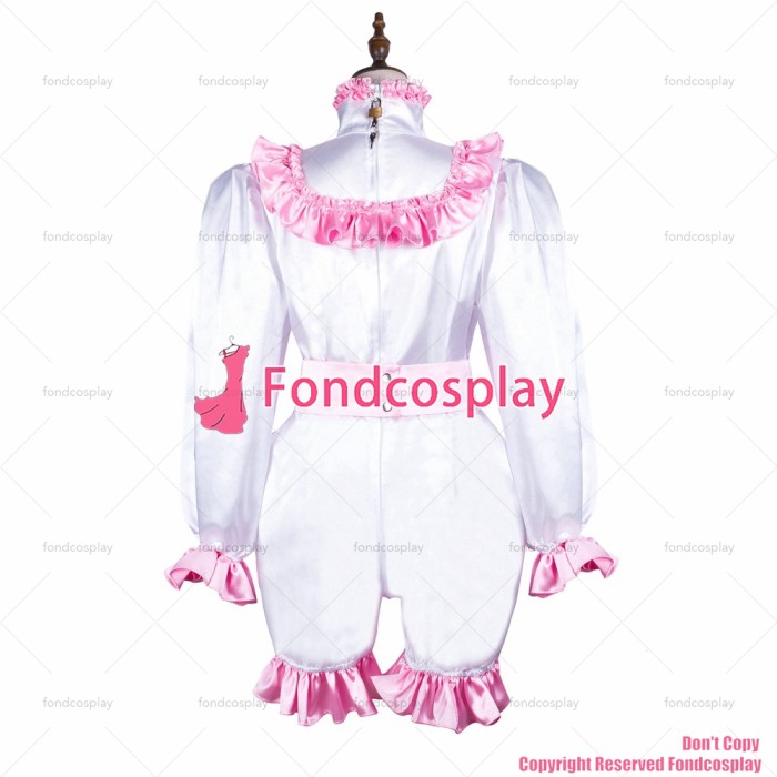 fondcosplay adult sexy cross dressing sissy maid short white satin dress lockable Uniform jumpsuits rompers CD/TV[G3720]