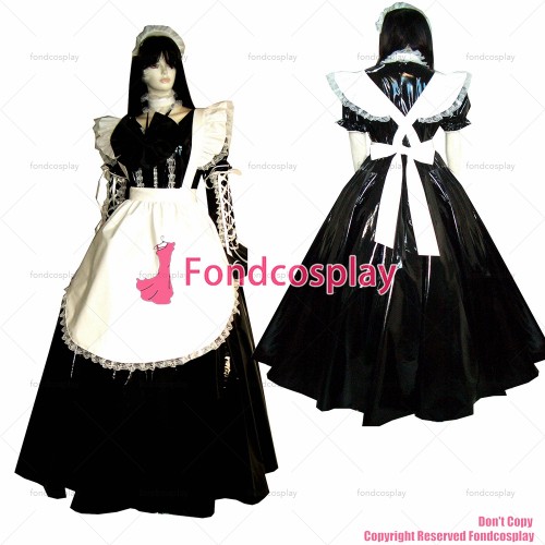 fondcosplay adult sexy cross dressing sissy maid long Black thin Pvc Dress Lockable Uniform white apron CD/TV[G314]