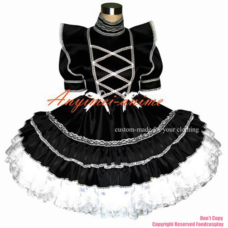 fondcosplay adult sexy cross dressing sissy maid short Sexy Satin Black Dress white lace Lockable Uniform CD/TV[G367]