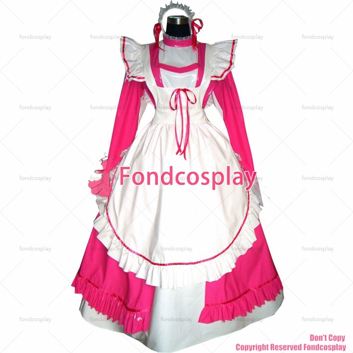 fondcosplay adult sexy cross dressing sissy maid long Hot Pink thin Pvc Dress Lockable Uniform white apron CD/TV[G329]
