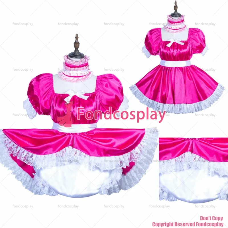 fondcosplay adult sexy cross dressing sissy maid hot pink satin dress lockable Uniform jumpsuits rompers CD/TV[G3749]