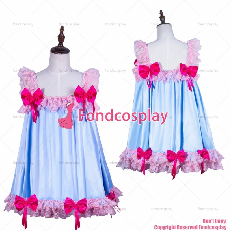 fondcosplay adult sexy cross dressing sissy maid short baby blue satin dress Uniform cosplay costume CD/TV[G3785]