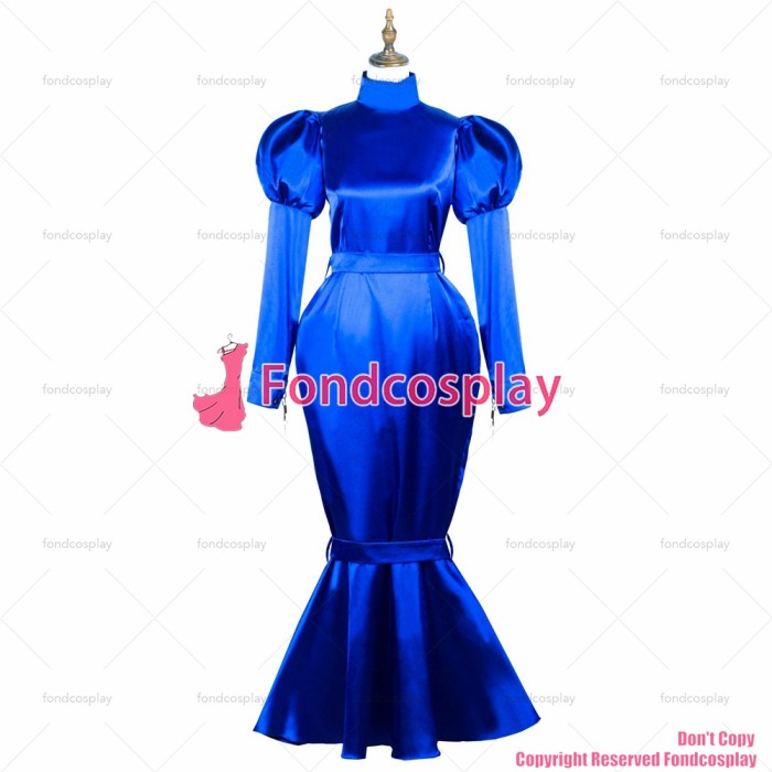 fondcosplay adult sexy cross dressing sissy maid long blue satin dress lockable Uniform Fish tail costume CD/TV[G3722]
