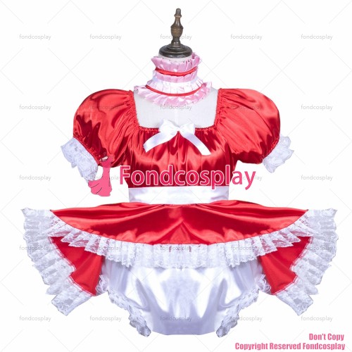 fondcosplay adult sexy cross dressing sissy maid short red satin dress lockable Uniform jumpsuits rompers CD/TV[G3754]