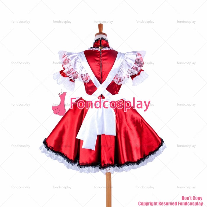 fondcosplay adult sexy cross dressing sissy maid short Red Satin Dress Lockable Uniform white apron Costume CD/TV[G334]