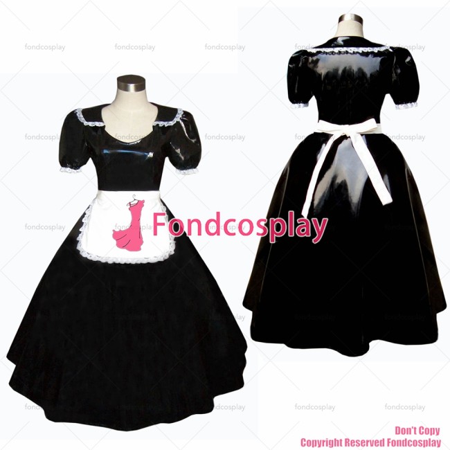 fondcosplay adult sexy cross dressing sissy maid long Gothic Lolita Punk Black heavy Pvc Dress white apron CD/TV[G304]