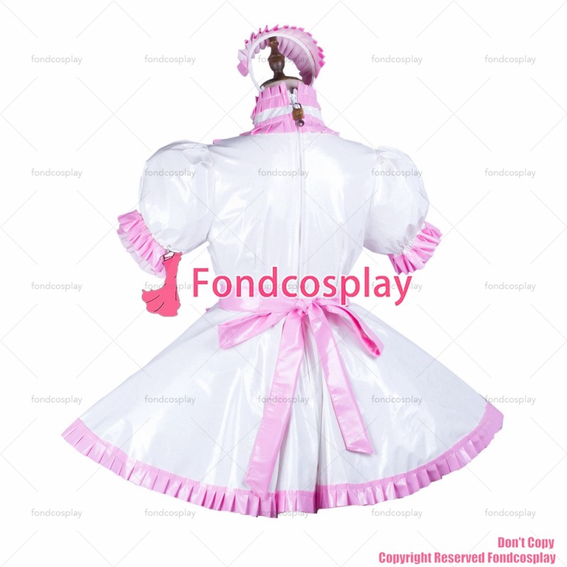 fondcosplay adult sexy cross dressing sissy maid short white thin pvc dress lockable Uniform apron costume CD/TV[G3734]