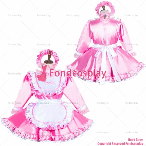 fondcosplay adult sexy cross dressing sissy maid baby pink satin dress lockable Uniform white apron costume CD/TV[G3753]