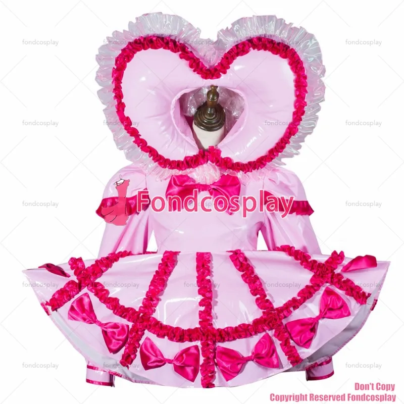 fondcosplay adult cross dressing sissy maid baby pink thin pvc dress lockable jumpsuits rompers heart hood CD/TV[G3791]