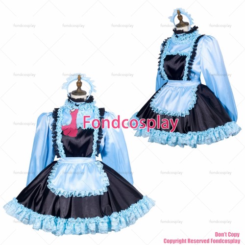 fondcosplay adult sexy cross dressing sissy maid short baby blue satin dress lockable Uniform apron costume CD/TV[G3789]