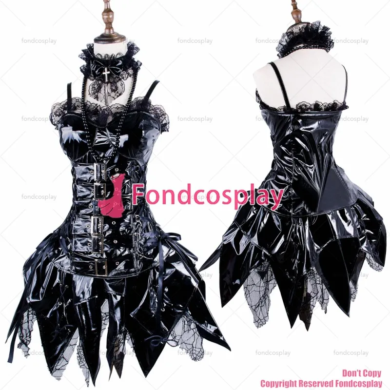 fondcosplay tripp Fashion Hiphop sexy cross dressing sissy maid Gothic Lolita Punk Black thin Pvc Outfit Dress CD/TV[G368]