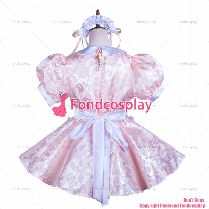 fondcosplay adult sexy cross dressing sissy maid short pink satin dress lockable Uniform white apron costume CD/TV[G3710]