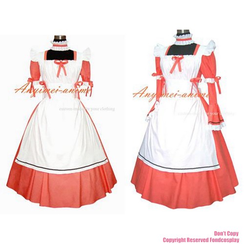 fondcosplay adult sexy cross dressing sissy maid long Orange Cotton dress lockable Uniform white apron costume CD/TV[G307]