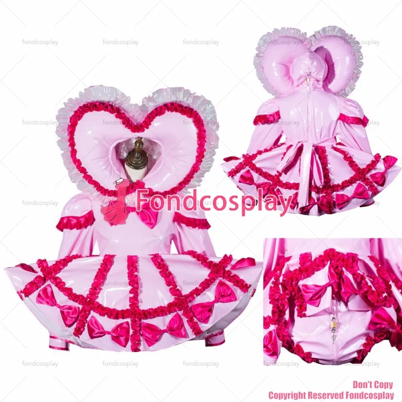fondcosplay adult cross dressing sissy maid baby pink thin pvc dress lockable jumpsuits rompers heart hood CD/TV[G3791]