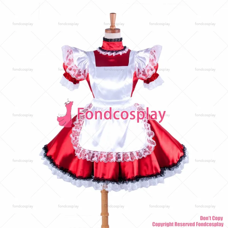 fondcosplay adult sexy cross dressing sissy maid short Red Satin Dress Lockable Uniform white apron Costume CD/TV[G334]
