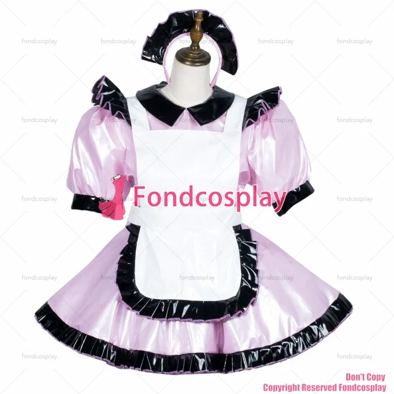 fondcosplay adult sexy cross dressing sissy maid baby pink thin pvc dress lockable Uniform white apron costume CD/TV[G3778]