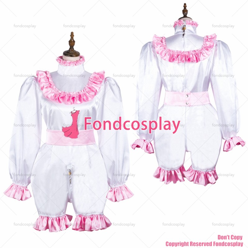 fondcosplay adult sexy cross dressing sissy maid short white satin dress lockable Uniform jumpsuits rompers CD/TV[G3720]