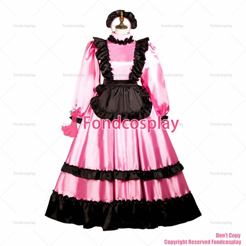 fondcosplay adult sexy cross dressing sissy maid long pink satin dress lockable Uniform black apron costume CD/TV[G3735]