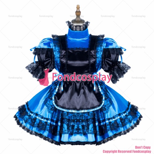 fondcosplay adult sexy cross dressing sissy maid short blue satin dress lockable Uniform black apron costume CD/TV[G3801]