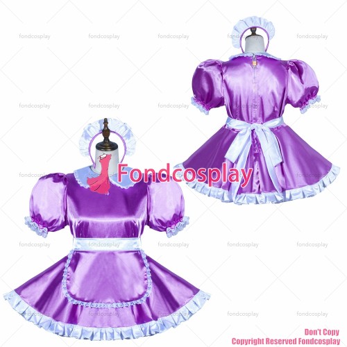 fondcosplay adult sexy cross dressing sissy maid short Purple satin dress lockable Uniform apron costume CD/TV[G3766]
