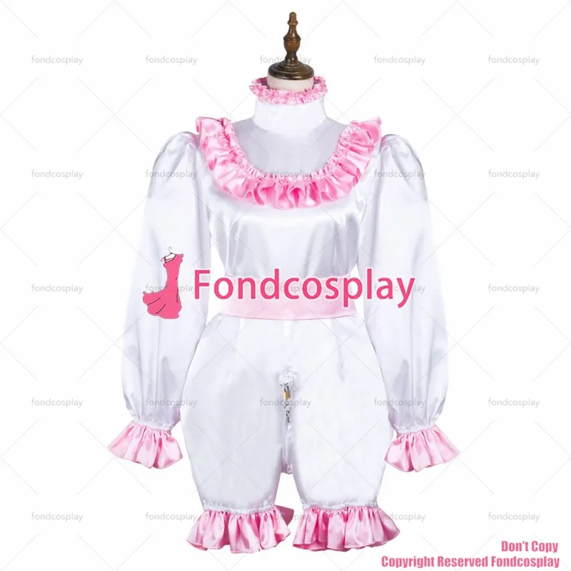 fondcosplay adult sexy cross dressing sissy maid short white satin dress lockable Uniform jumpsuits rompers CD/TV[G3720]